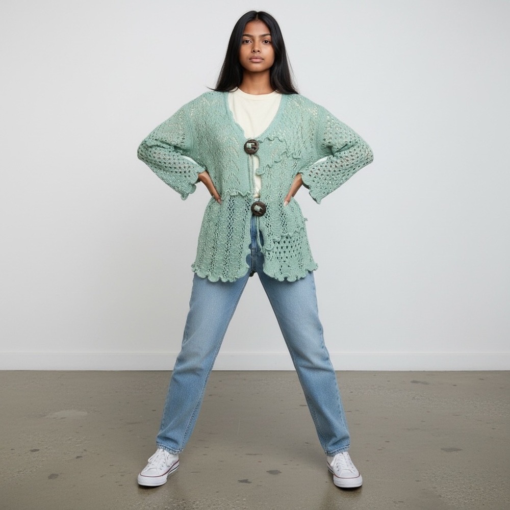 Lisa International Mint Green Crochet Knit Button Front Cardigan Sweater Large